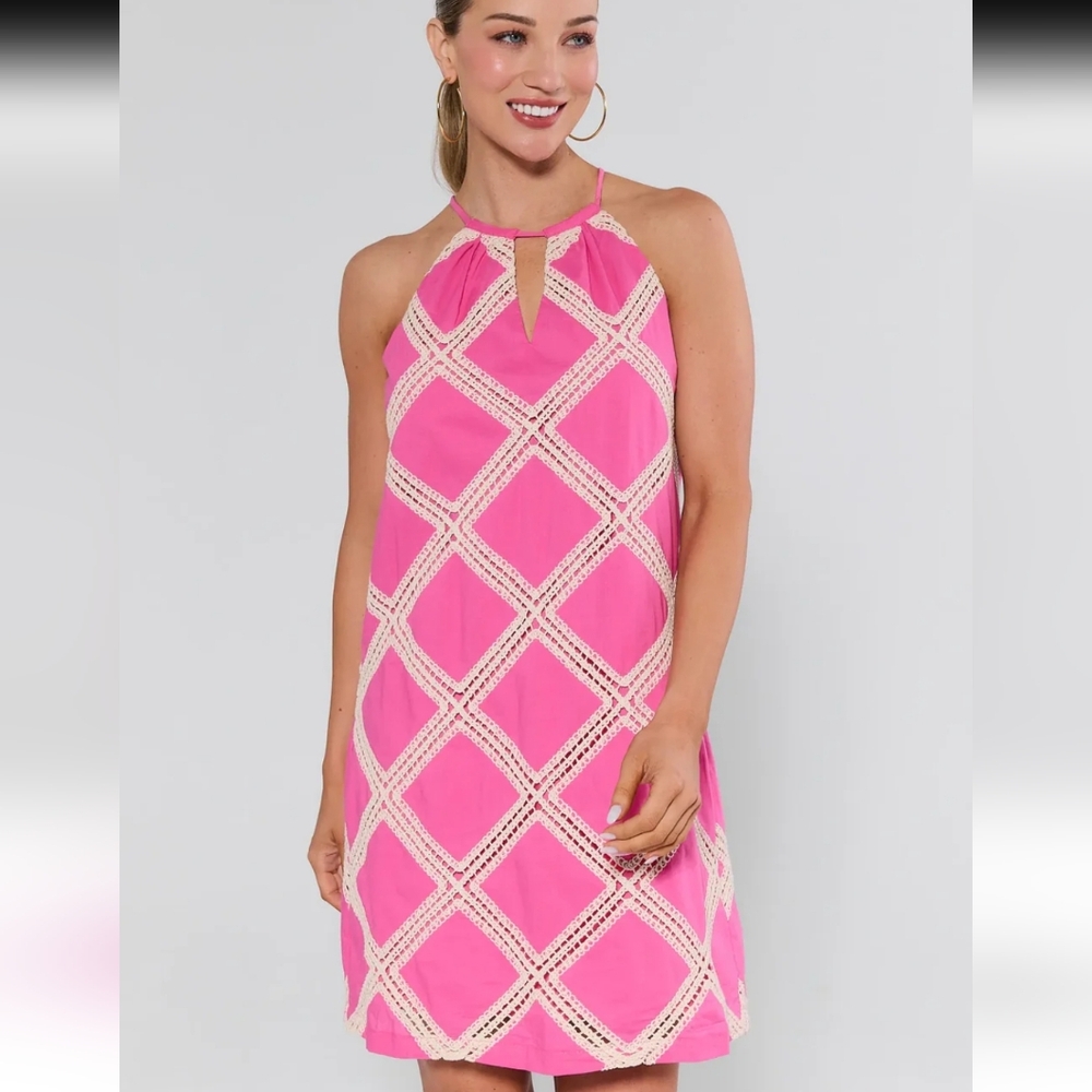 NWT‎ Skies Are Blue, Pink Crochet Inset Sleeveless Dress - Embroidered, Size XL